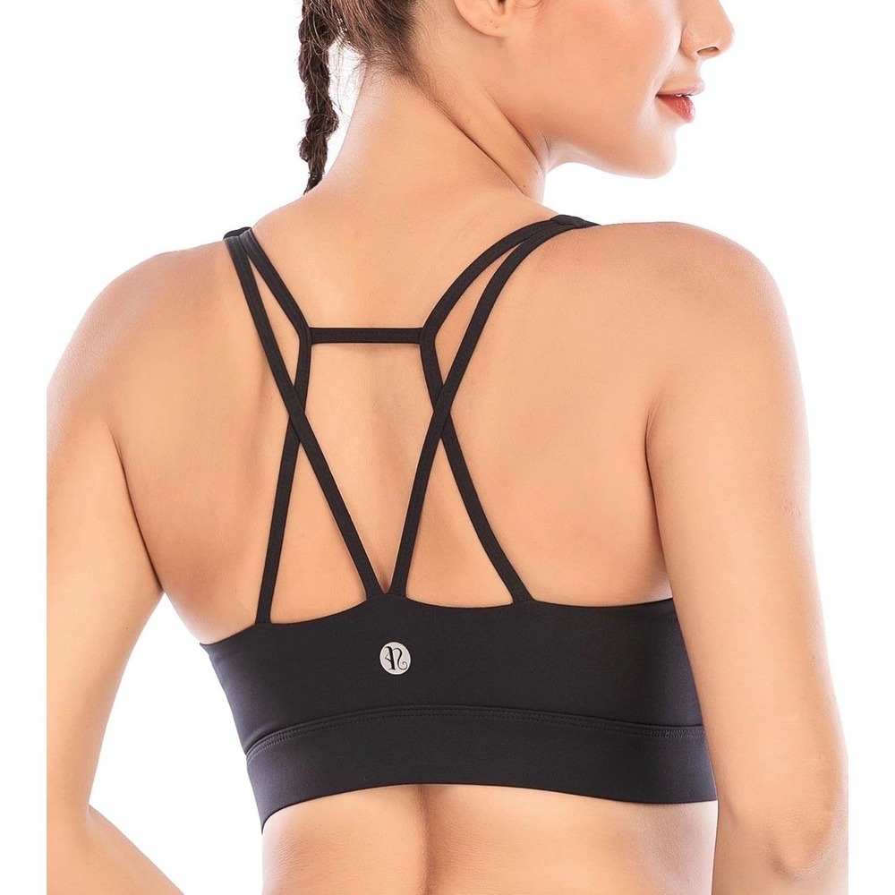 Running Girl Sports Bra Black Crisscross Back Padded Strappy Workout Yoga Top M